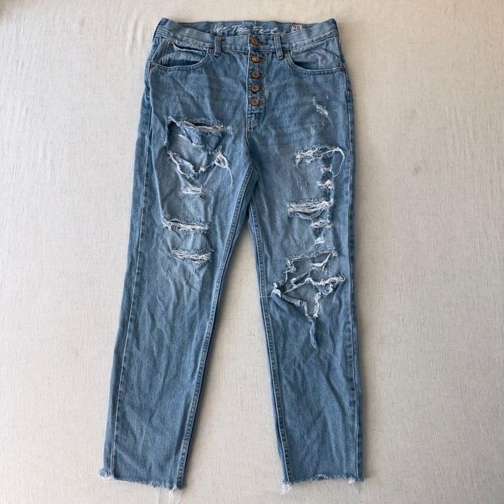 We The Free Free People Distressed High Rise Button Fly Jeans Light Wash Size 28
